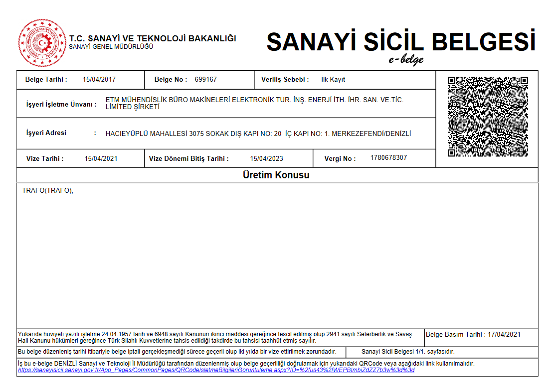 Sanayi Sicil Belgesi